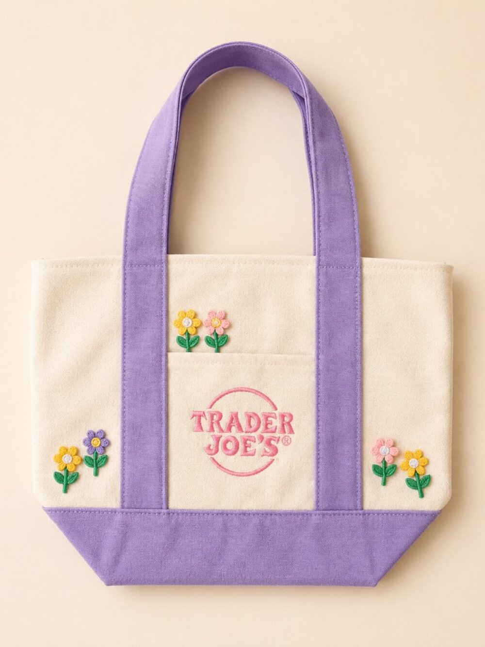 Trader Joe's Custom Pastel Mini Tote Daisy Flower Embroidered Patch Tote Purple